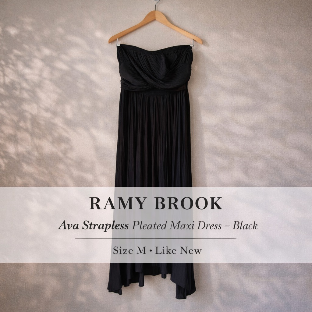 Ramy Brook Ava Strapless Pleated Maxi Dress Black Size M